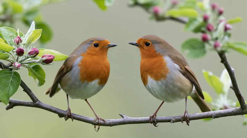 Two european robins perched face-to-face on a slender branch among spring blossoms