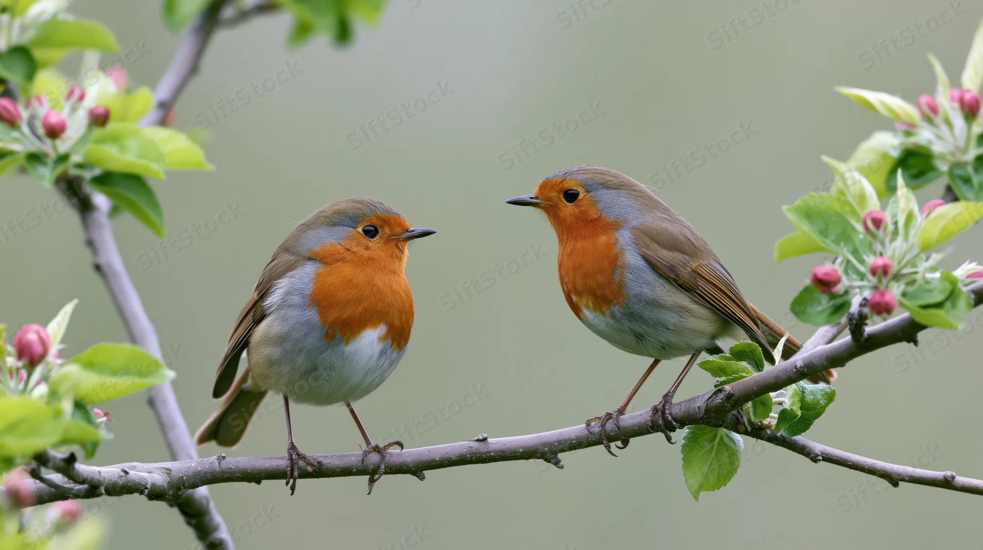 Two european robins perched face-to-face on a blossoming tree branch in spring