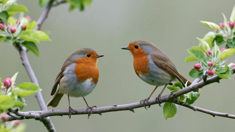 Two european robins perched face-to-face on a blossoming tree branch in spring