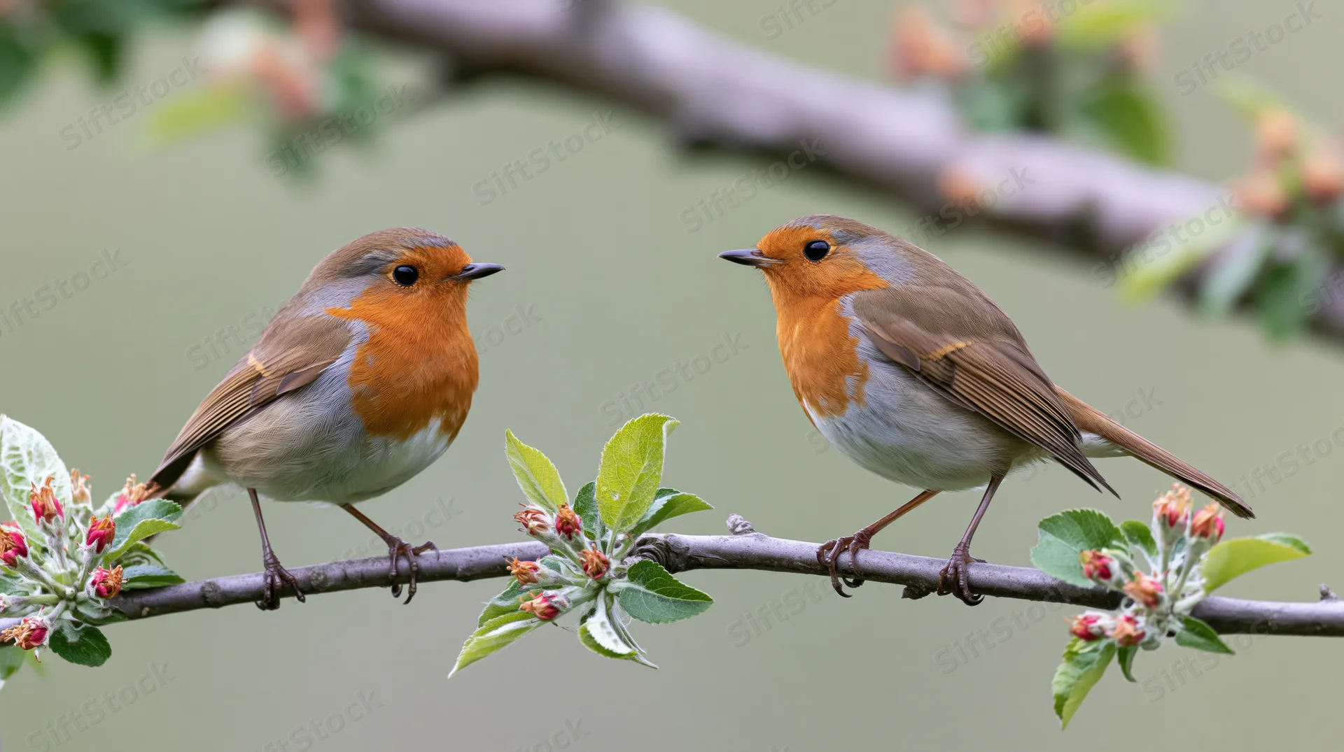 Two european robins perched face-to-face on a blossoming branch in spring garden
