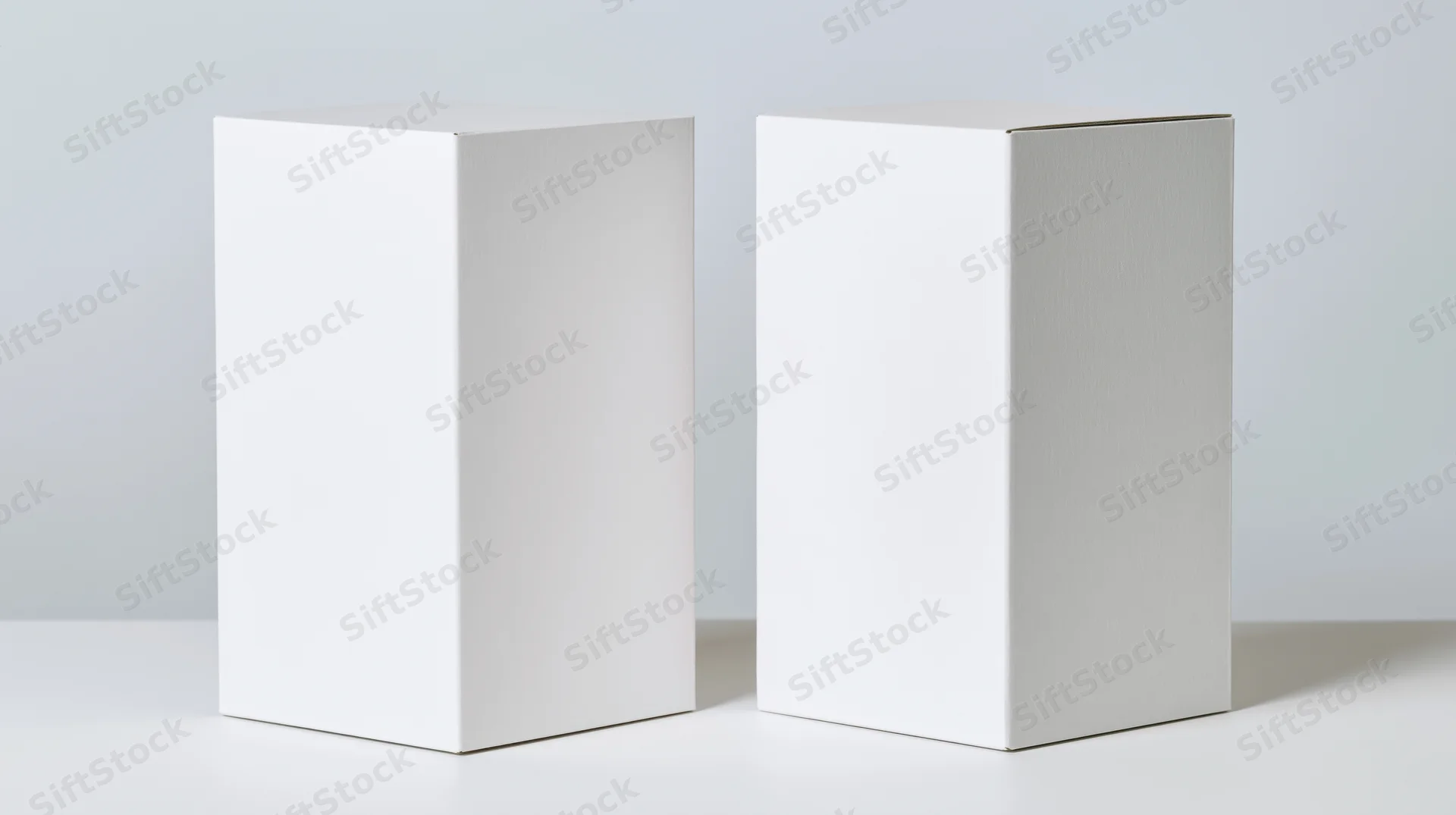 Two blank white cardboard boxes standing upright on a white surface in a studio setting