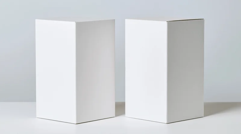 Two blank white cardboard boxes standing upright on a white surface in a studio setting