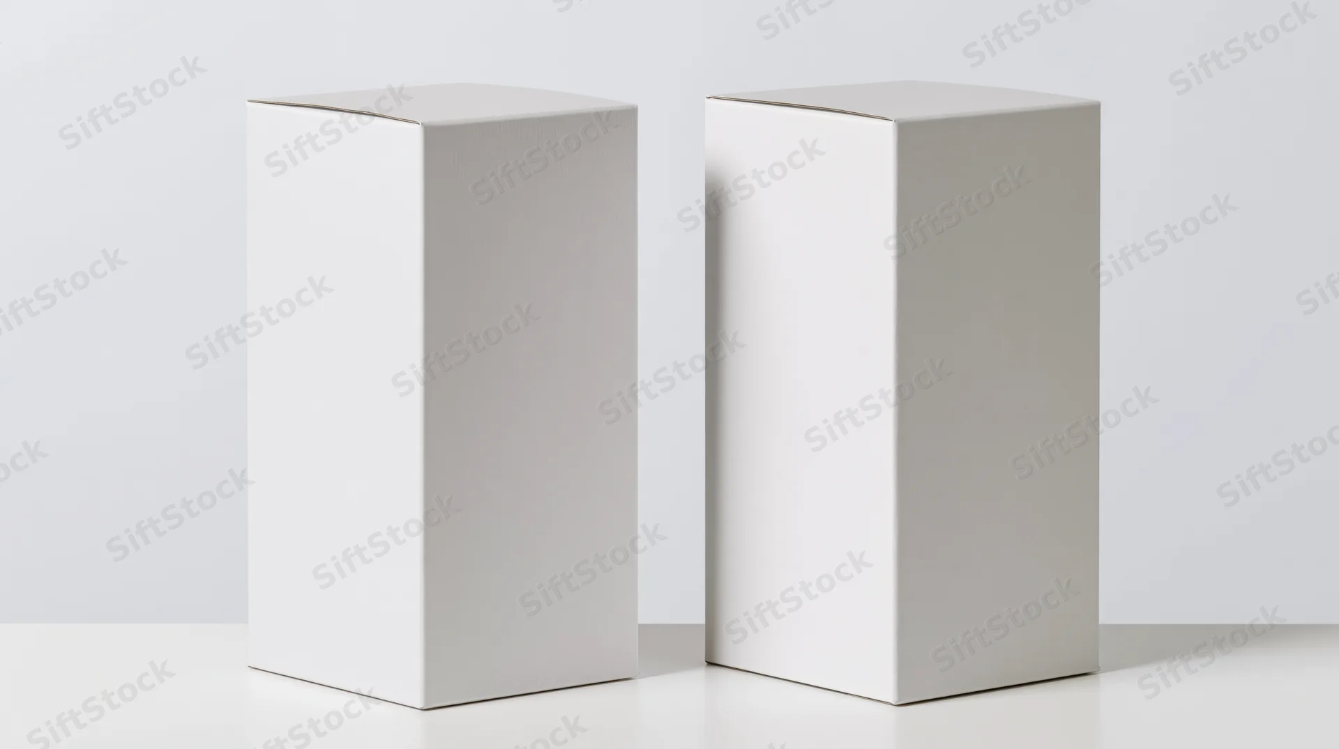 Two blank white rectangular cardboard boxes standing upright on a white surface