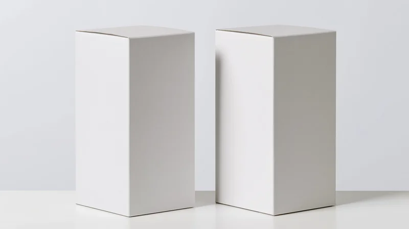 Two blank white rectangular cardboard boxes standing upright on a white surface