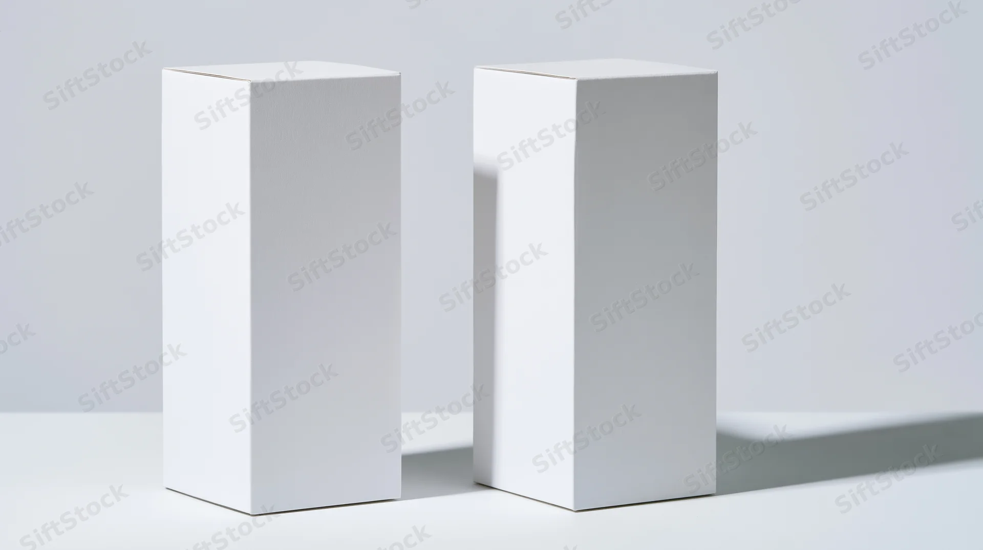 Two blank white rectangular cardboard boxes standing upright on a white surface in a studio setting