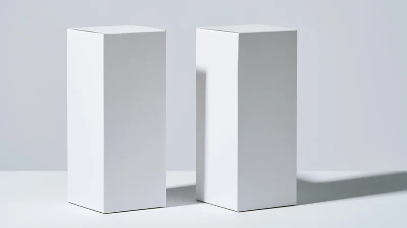 Two blank white rectangular cardboard boxes standing upright on a white surface in a studio setting