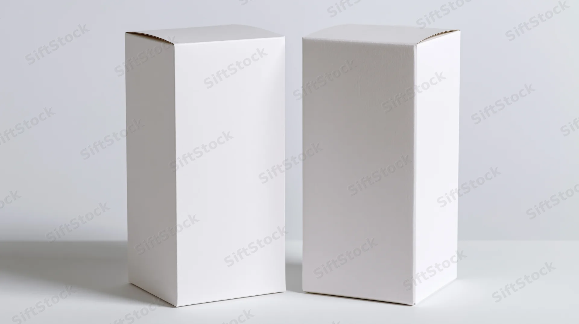 Two blank white rectangular cardboard boxes standing upright on a white surface