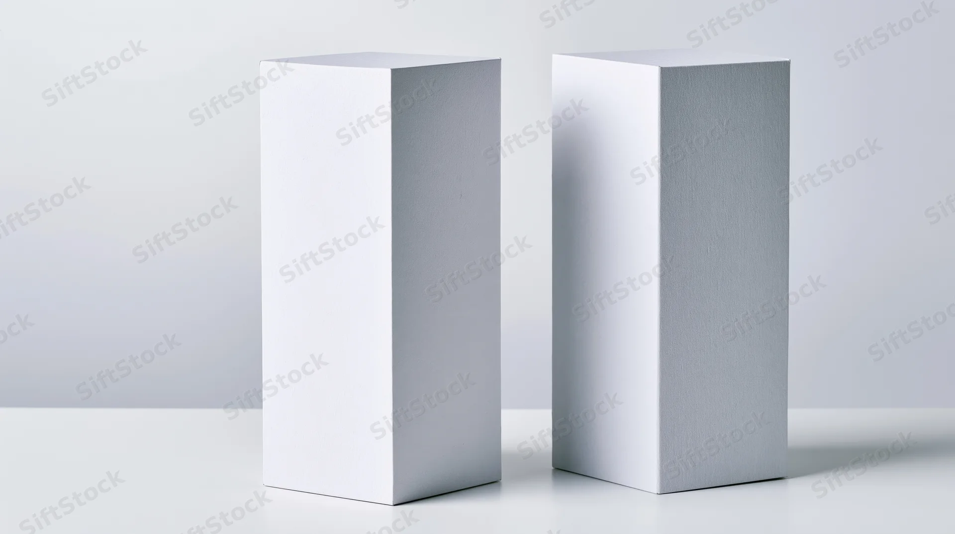 Two tall white rectangular boxes standing side by side on a plain surface in a studio setting