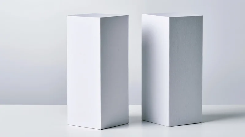 Two tall white rectangular boxes standing side by side on a plain surface in a studio setting