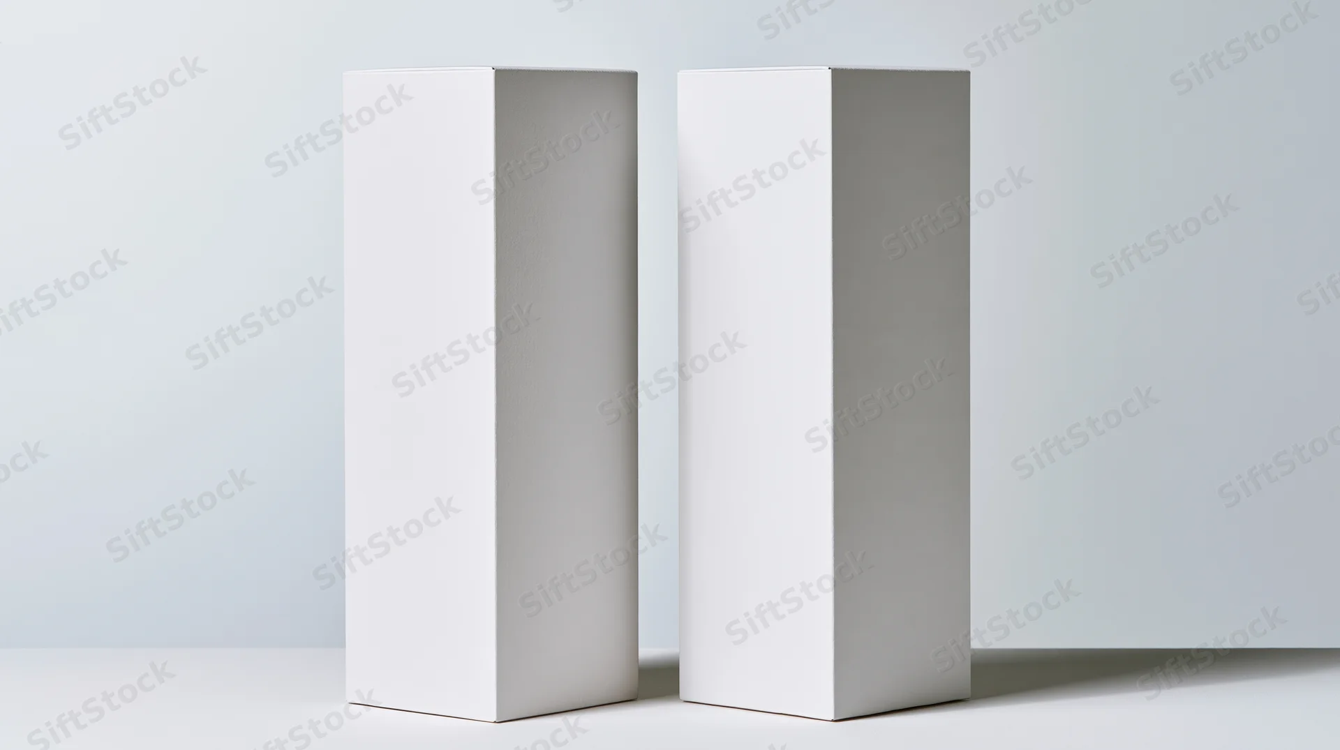 Two blank white rectangular boxes standing upright side by side on a plain surface