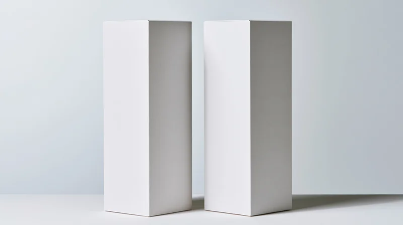 Two blank white rectangular boxes standing upright side by side on a plain surface
