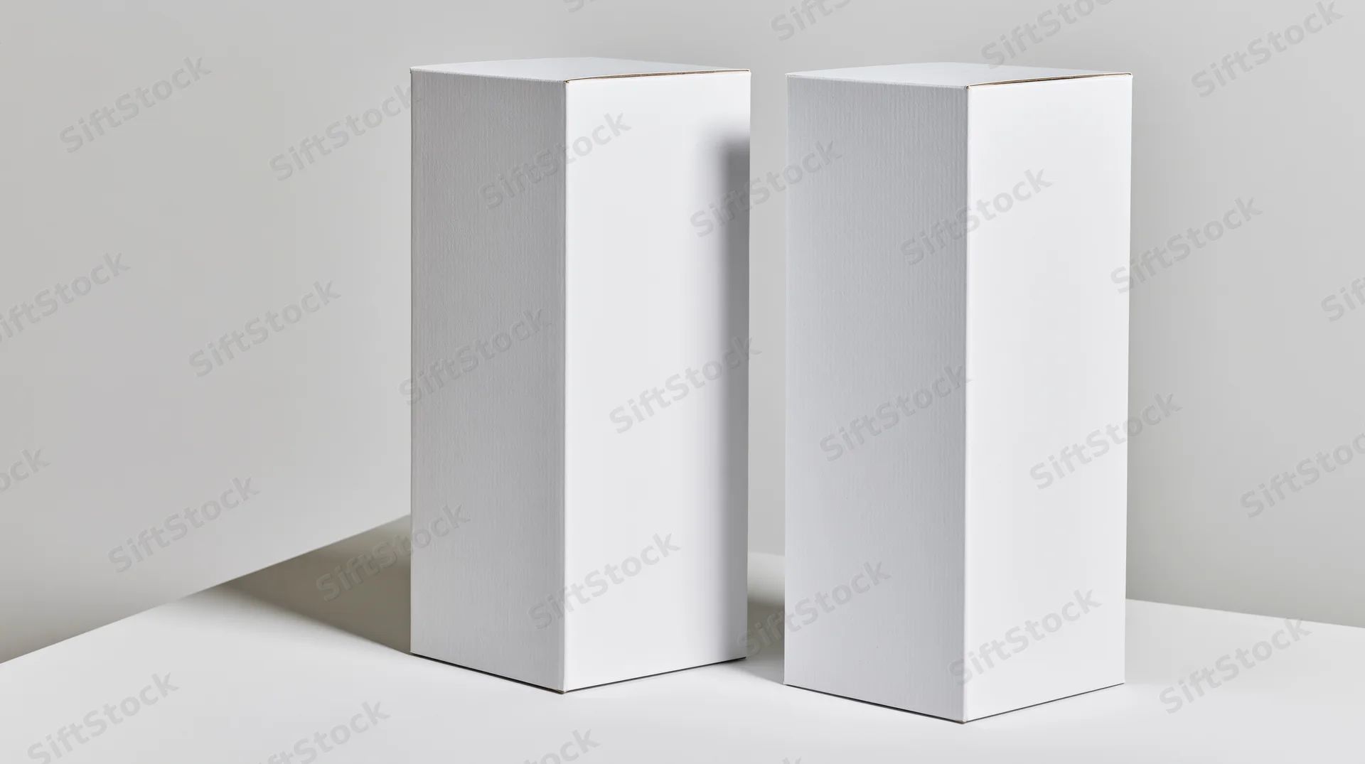 Two blank white rectangular boxes standing upright side by side on a white surface