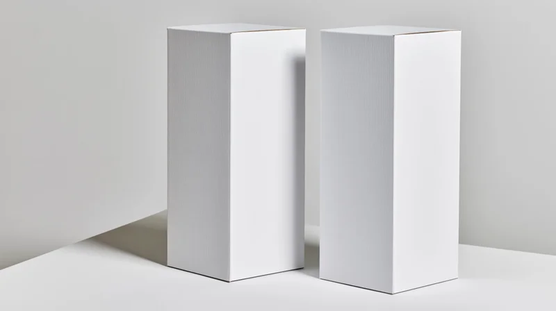 Two blank white rectangular boxes standing upright side by side on a white surface