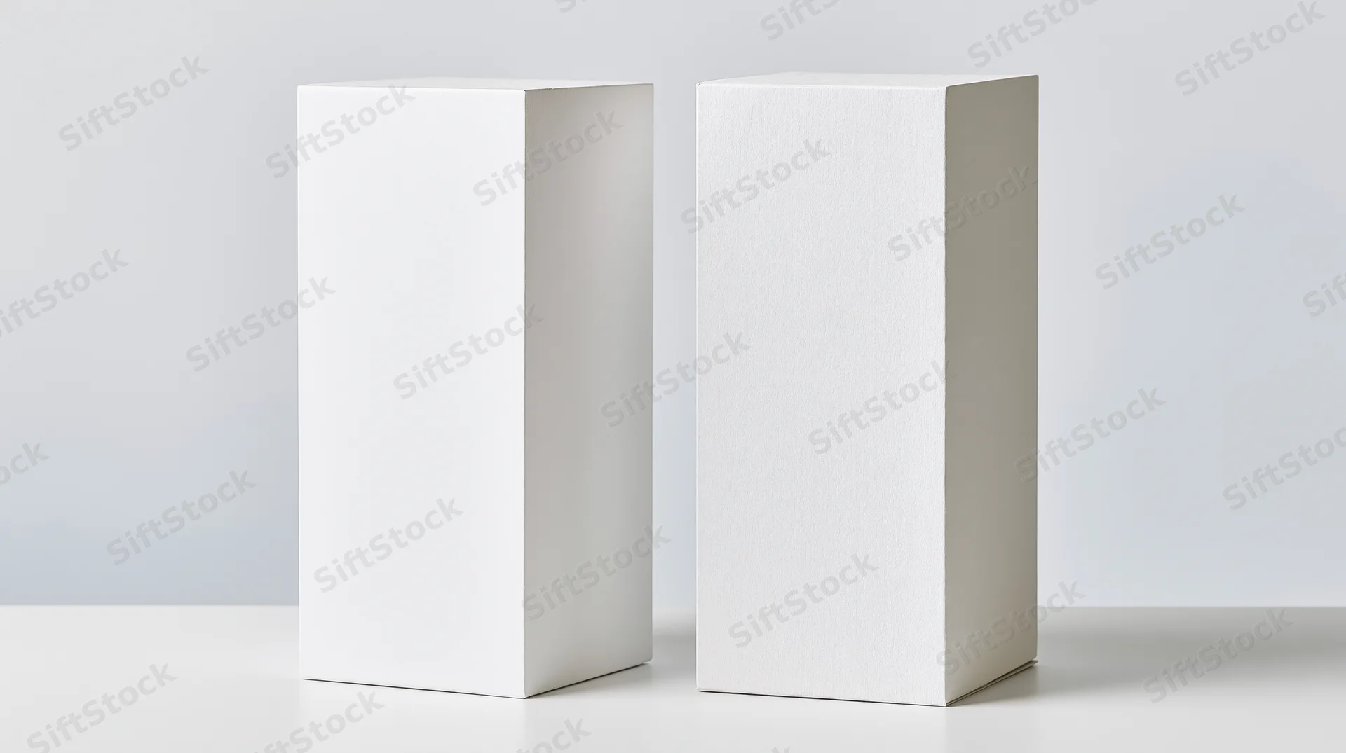 Two blank white rectangular boxes standing upright side by side on a white surface