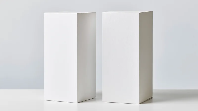 Two blank white rectangular boxes standing upright side by side on a white surface