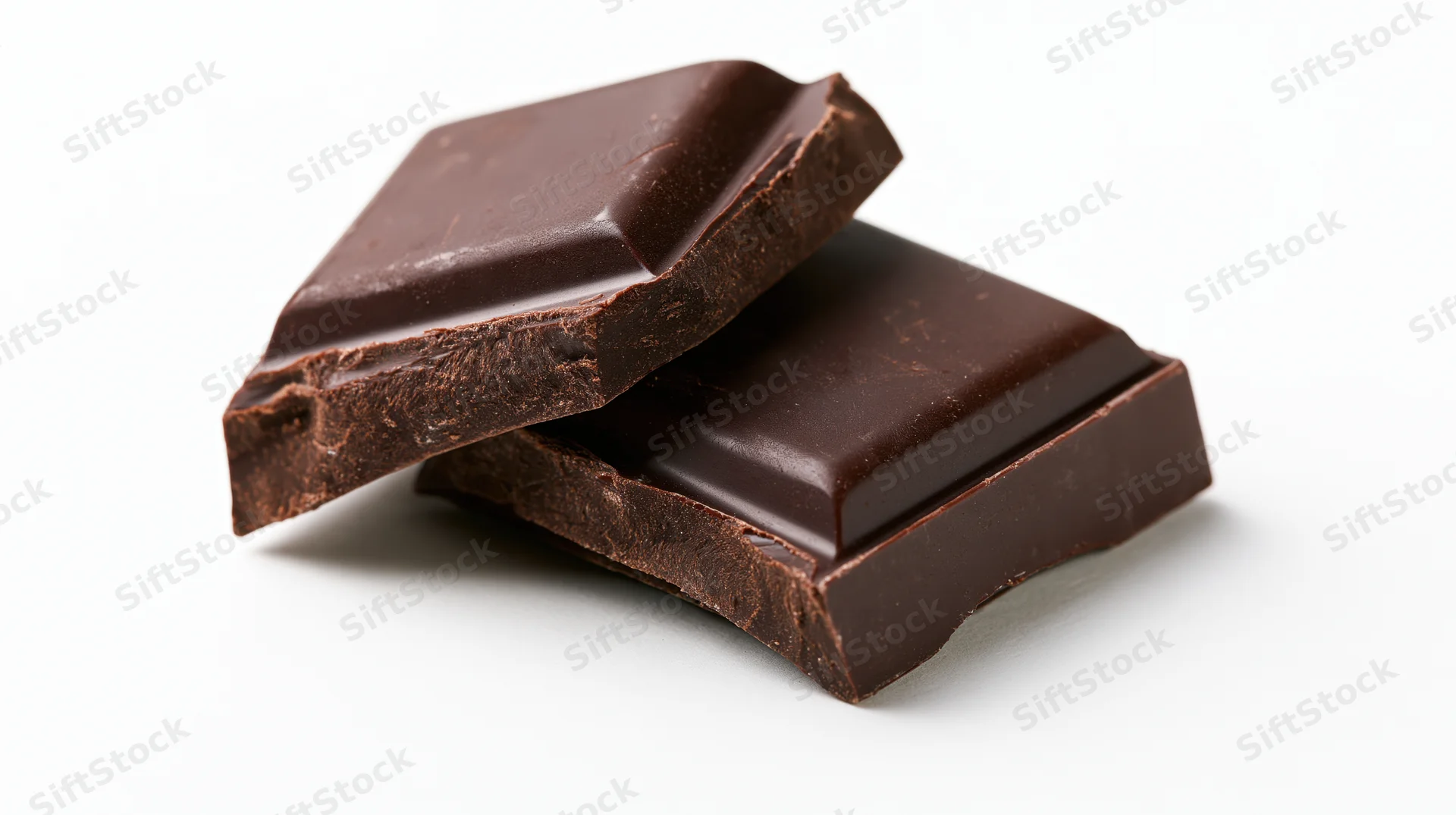 Two broken dark chocolate squares stacked at an angle on white background