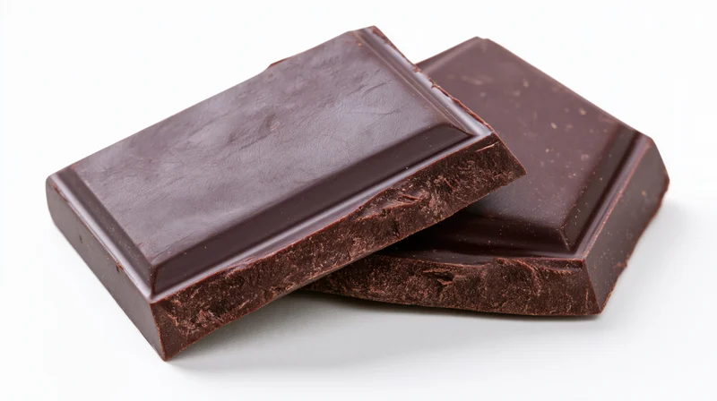 Two broken dark chocolate squares stacked at an angle on white background