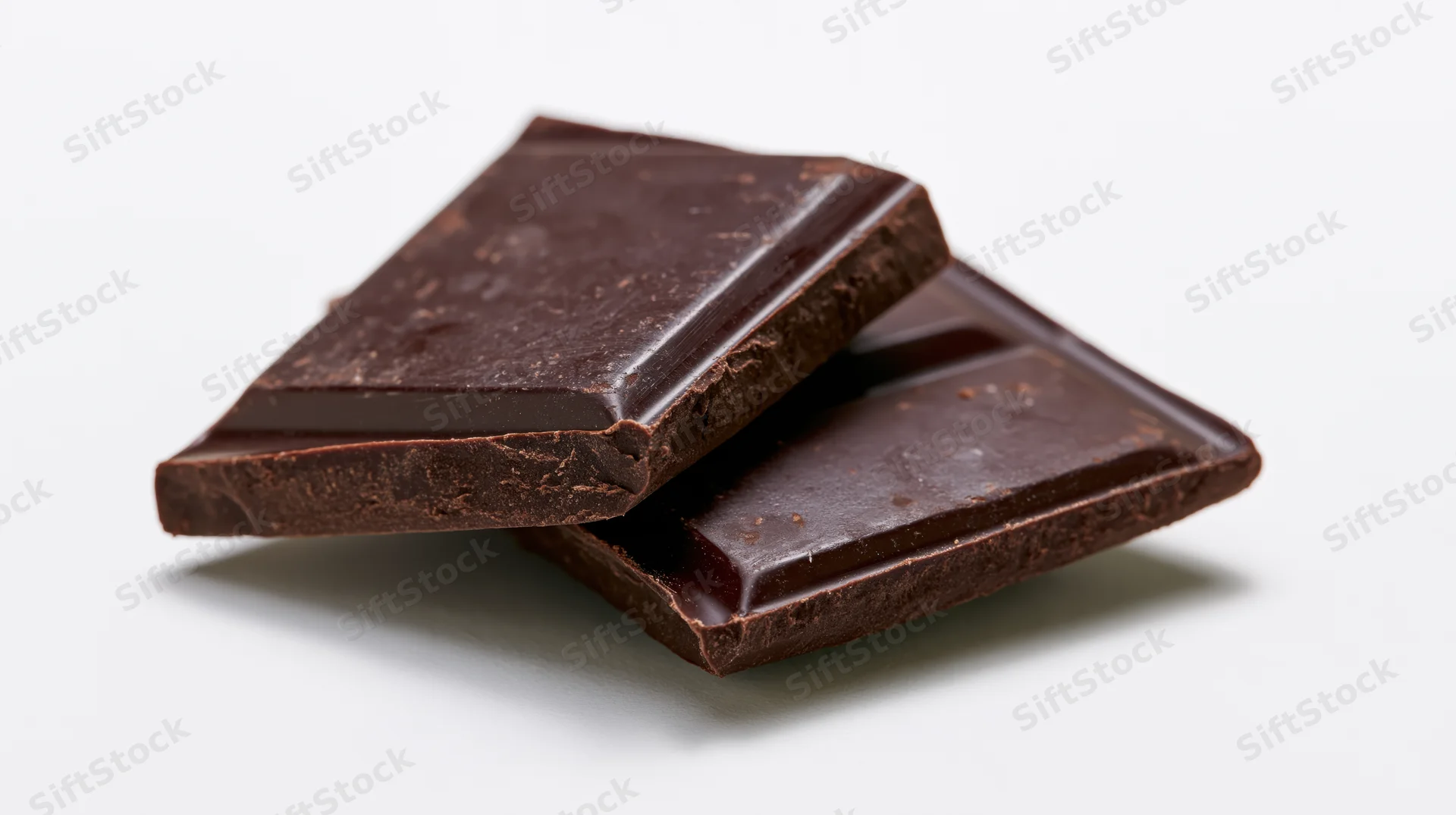 Two broken dark chocolate squares stacked at an angle on a white background