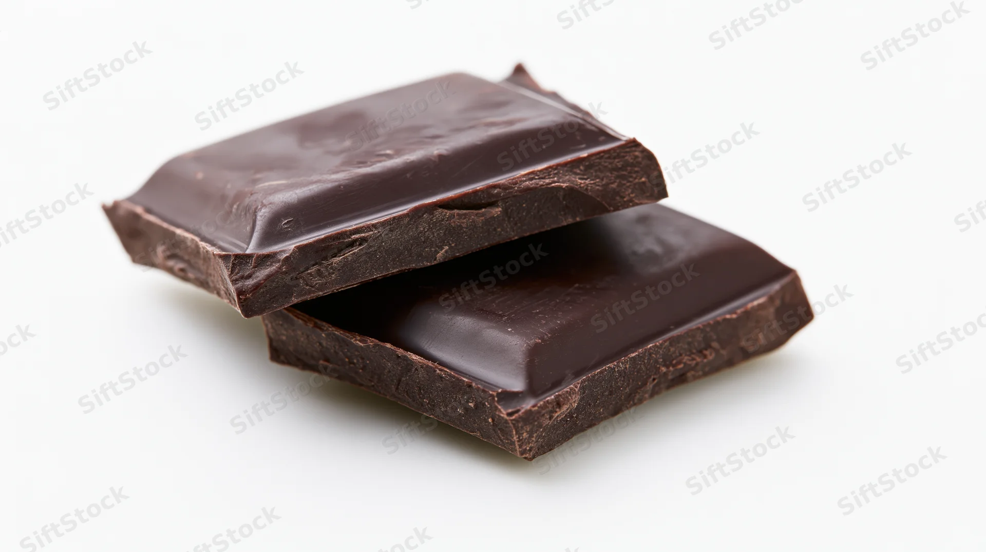 Two broken dark chocolate squares stacked at an angle on a white background