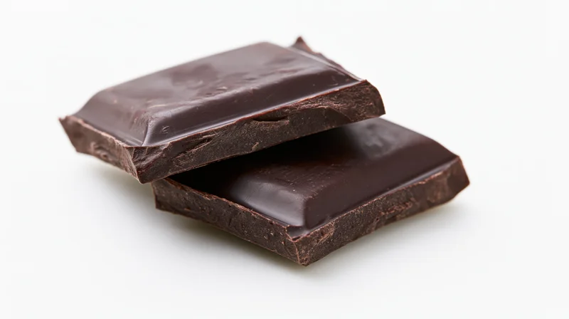 Two broken dark chocolate squares stacked at an angle on a white background