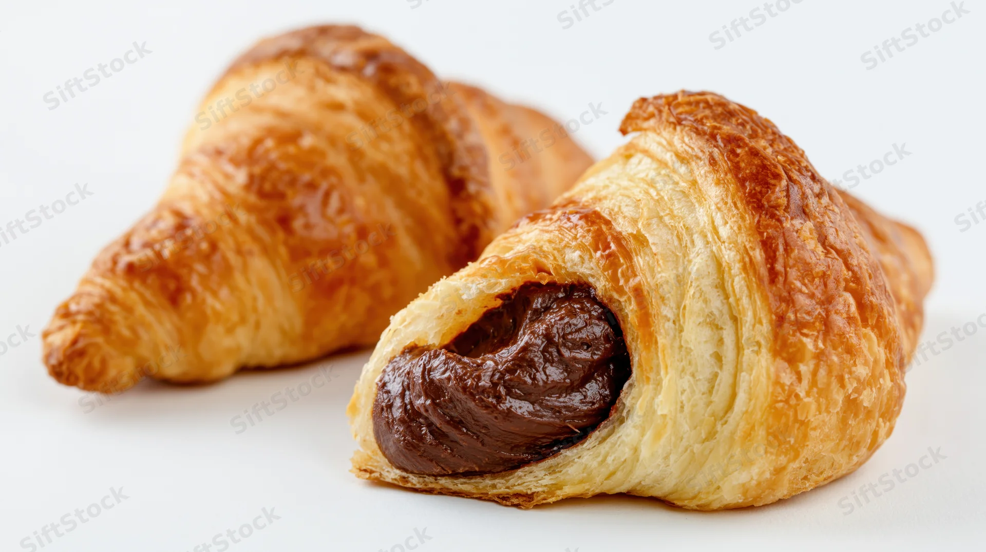 Two chocolate-filled croissants on a white surface, one whole and one cut open to show filling