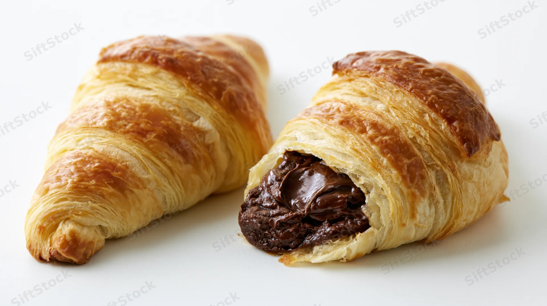 Two butter croissants on white surface one whole and one bitten with chocolate filling visible