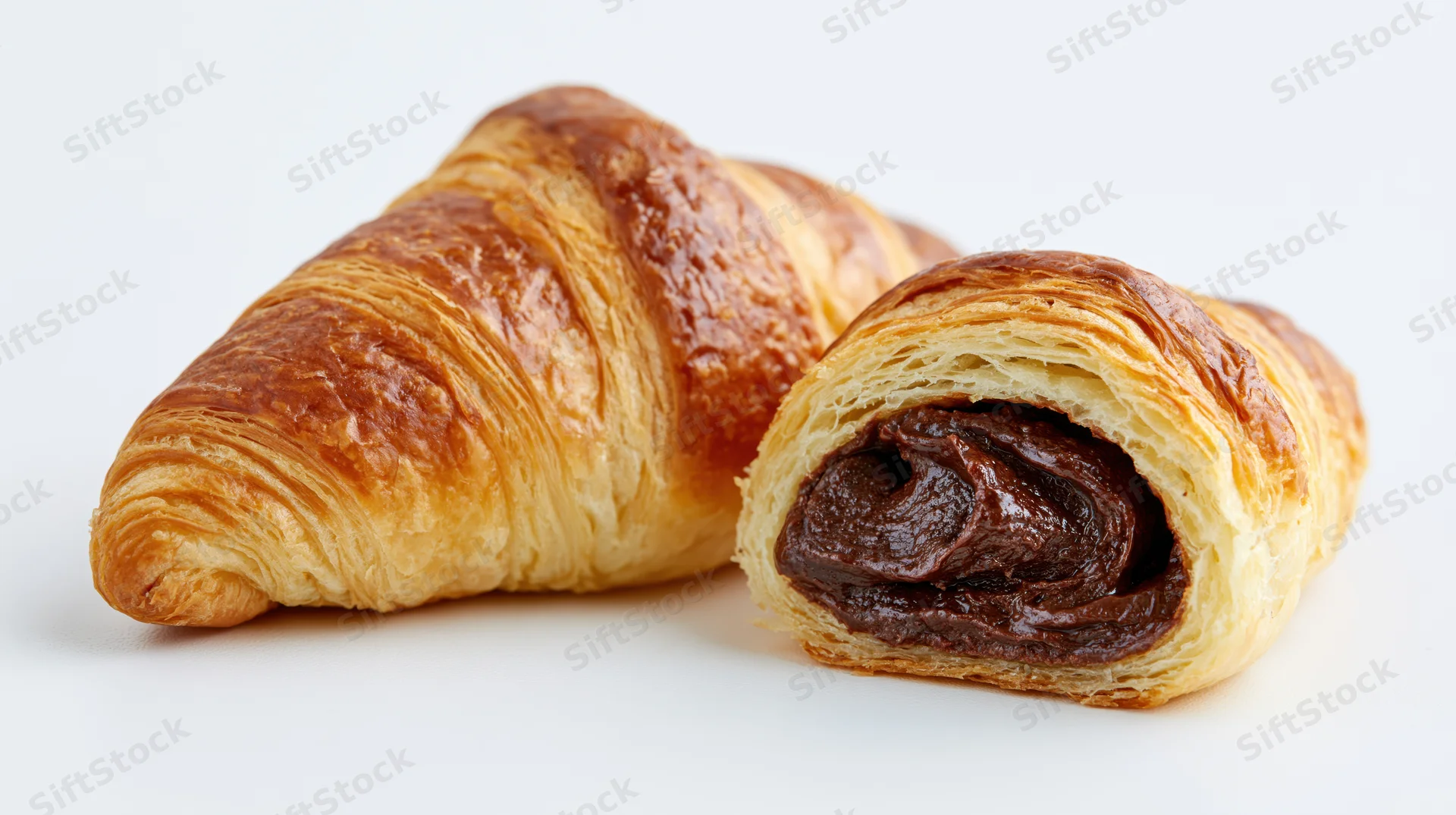 Two butter croissants on white surface one whole and one cut to show chocolate filling