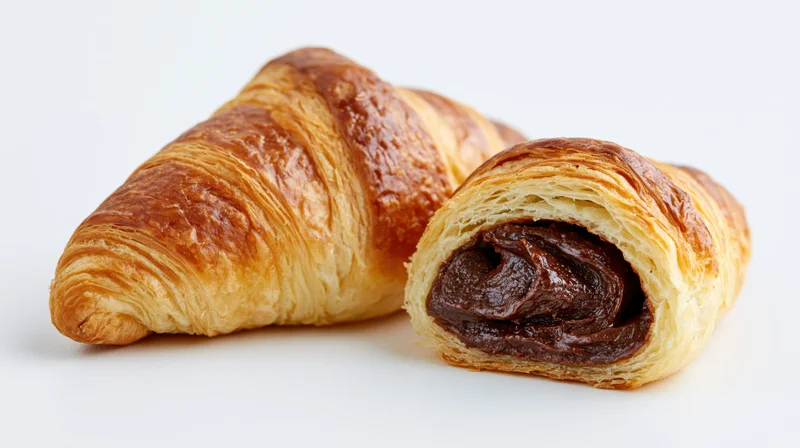 Two butter croissants on white surface one whole and one cut to show chocolate filling