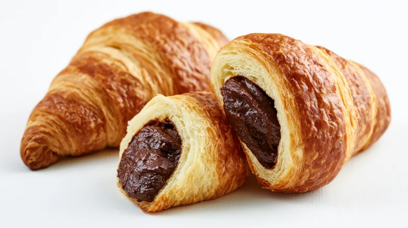 Chocolate-filled croissants on white surface, one whole and one cut open to show filling