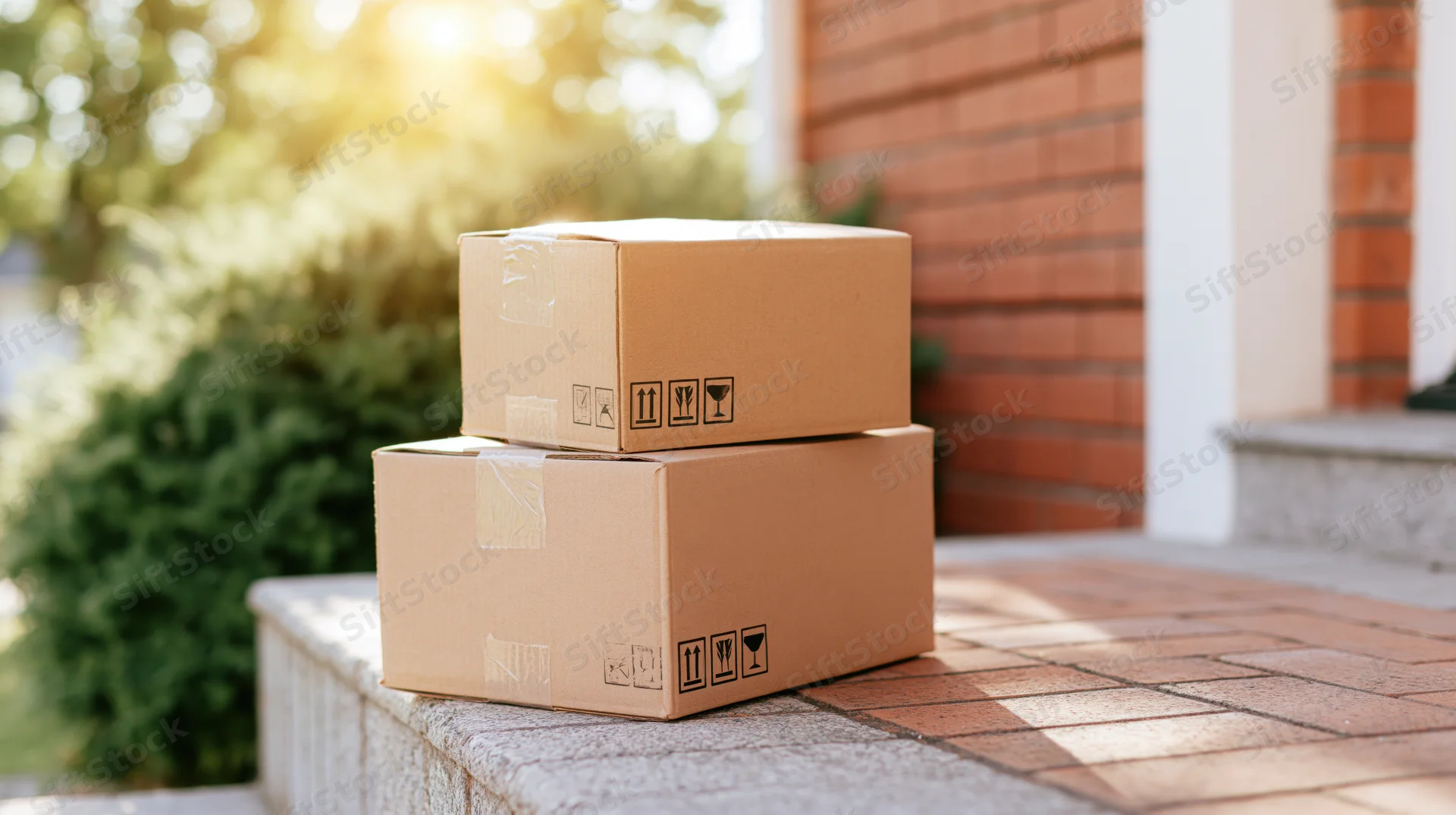 Two cardboard shipping boxes stacked on a brick porch outside a house