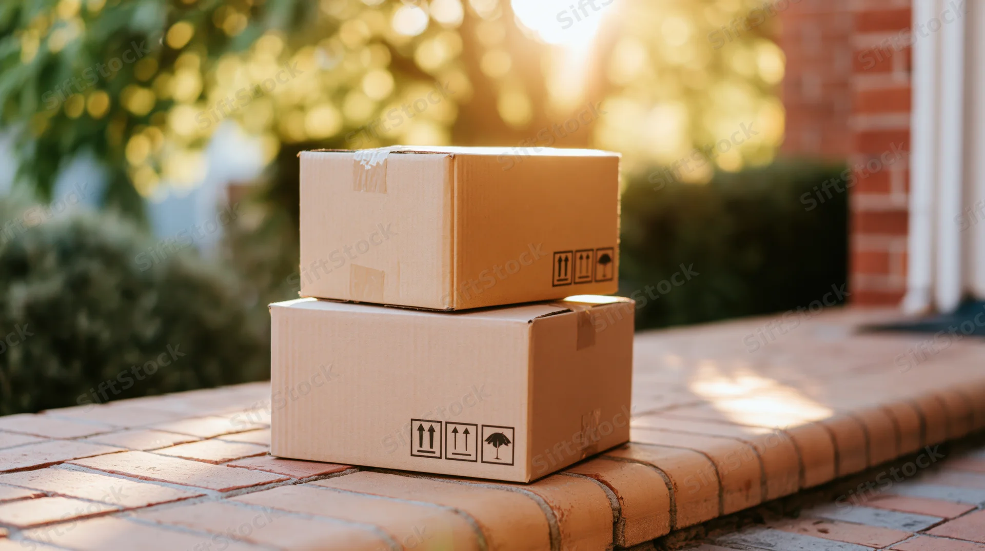 Two cardboard shipping boxes stacked on a brick patio outdoors in warm sunlight