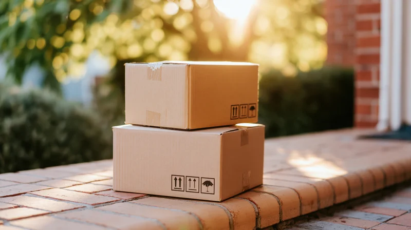Two cardboard shipping boxes stacked on a brick patio outdoors in warm sunlight