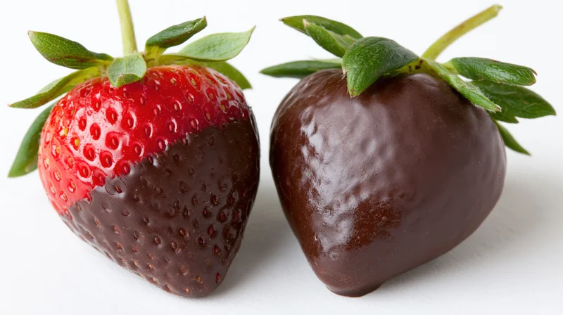Two strawberries side by side one half-dipped in chocolate the other fully coated on white background