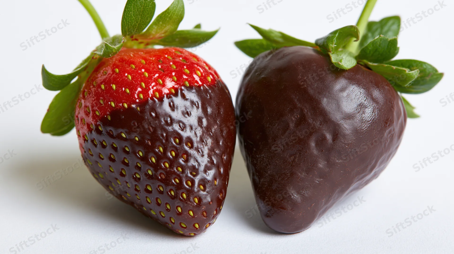 Two chocolate-dipped strawberries side by side on white surface
