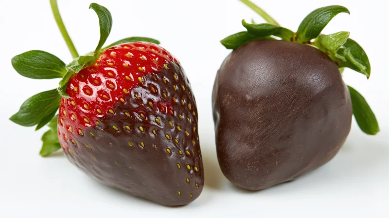 Two strawberries side by side, one half-dipped in chocolate, on white background