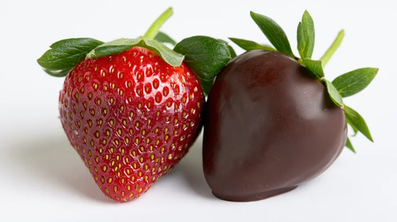 Two strawberries side by side one plain and one dipped in chocolate on white background