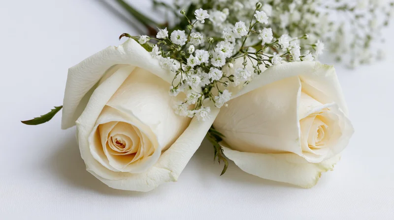 Two cream-white roses with gypsophila babys breath arranged on a white surface