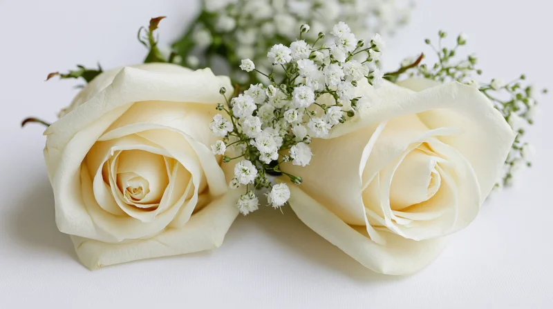 Two cream-white roses with baby's breath arranged on a white surface