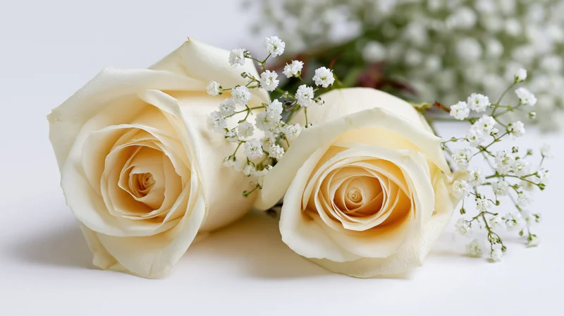 Two cream-white roses with gypsophila baby's breath arranged on a white surface