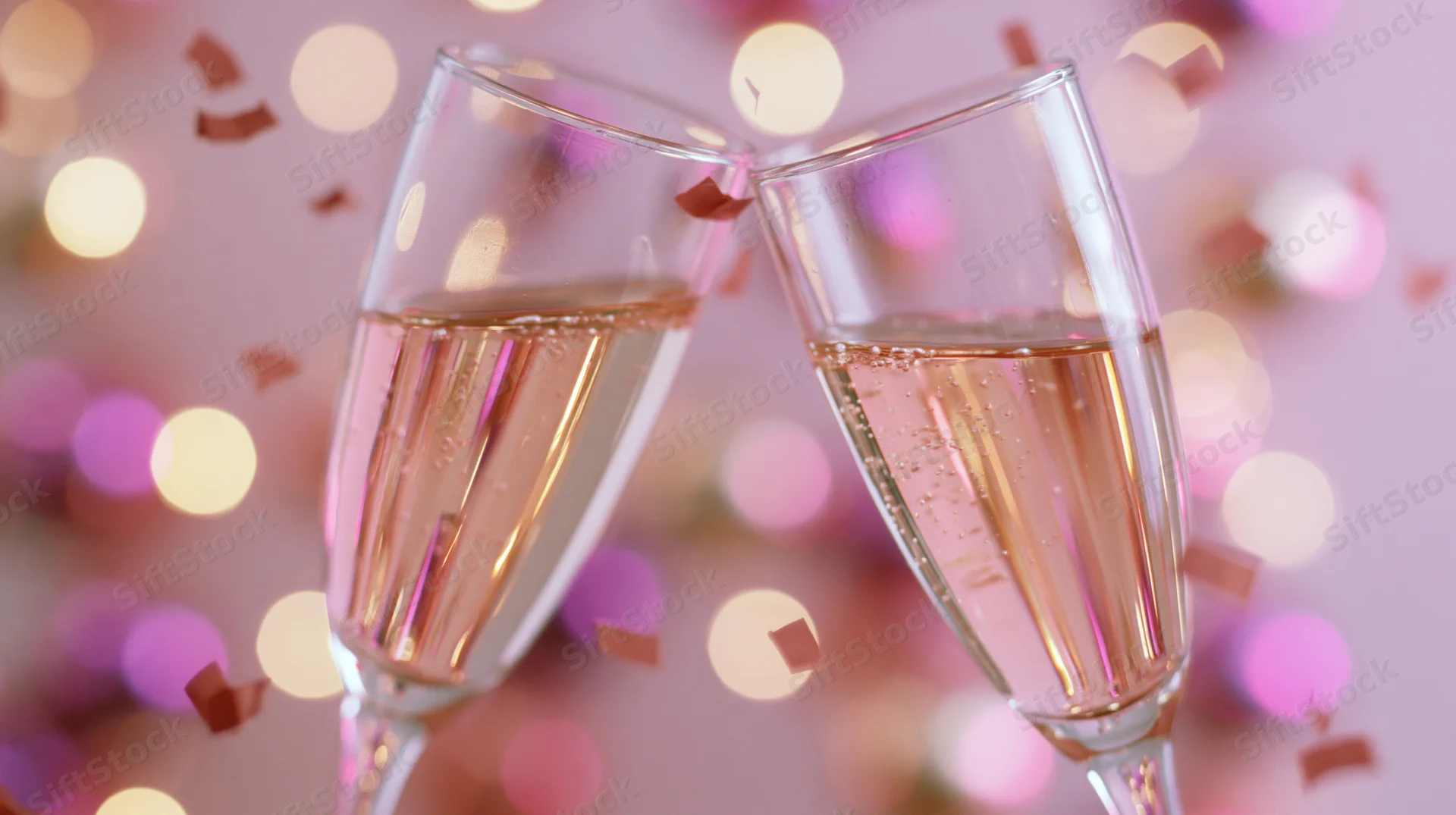 Two champagne glasses clinking together in a festive toast with confetti and bokeh lights in the background