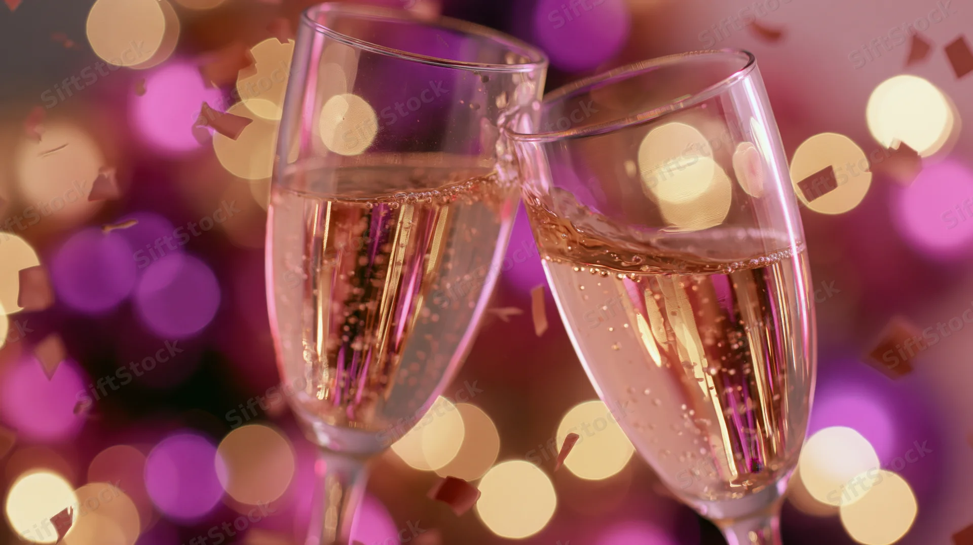 Two crystal champagne glasses clinking together mid-toast against a festive bokeh background with confetti