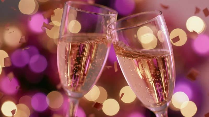Two crystal champagne glasses clinking together mid-toast against a festive bokeh background with confetti