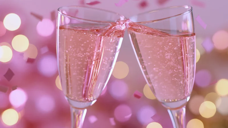 Two crystal champagne glasses clinking together mid-toast against a pink bokeh background with falling confetti