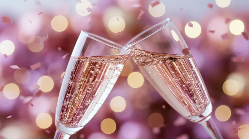 Two crystal champagne glasses clinking together mid-toast with confetti and bokeh lights in the background