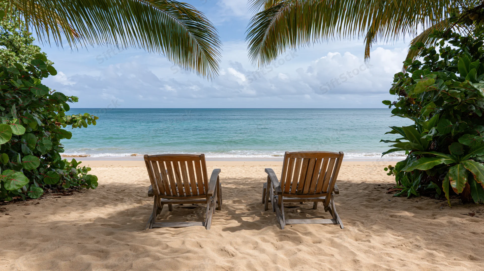 Two empty wooden deck chairs on a sandy beach facing the ocean under palm trees