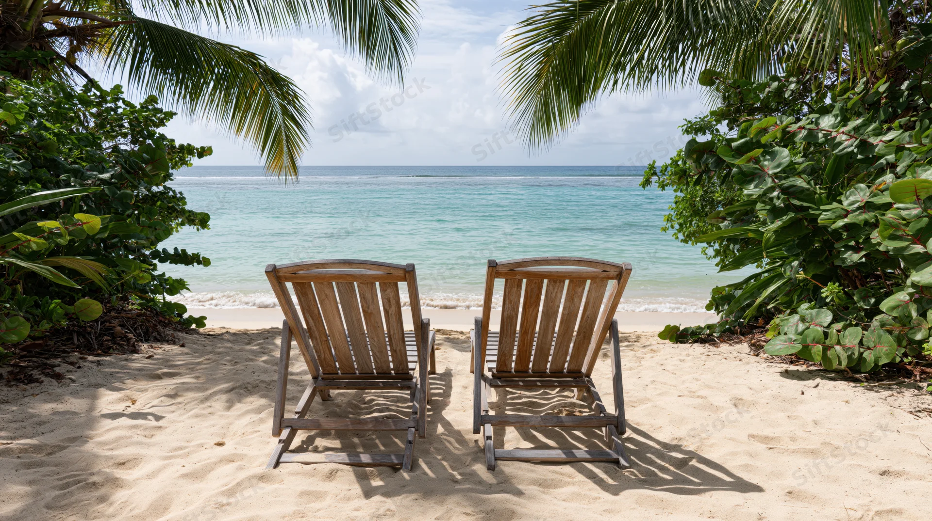 Two empty wooden deck chairs side by side on a sandy beach facing the turquoise ocean under palm trees