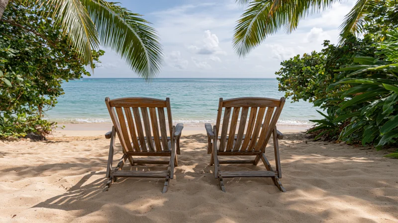 Two empty wooden deck chairs on a sandy beach facing the ocean under palm trees