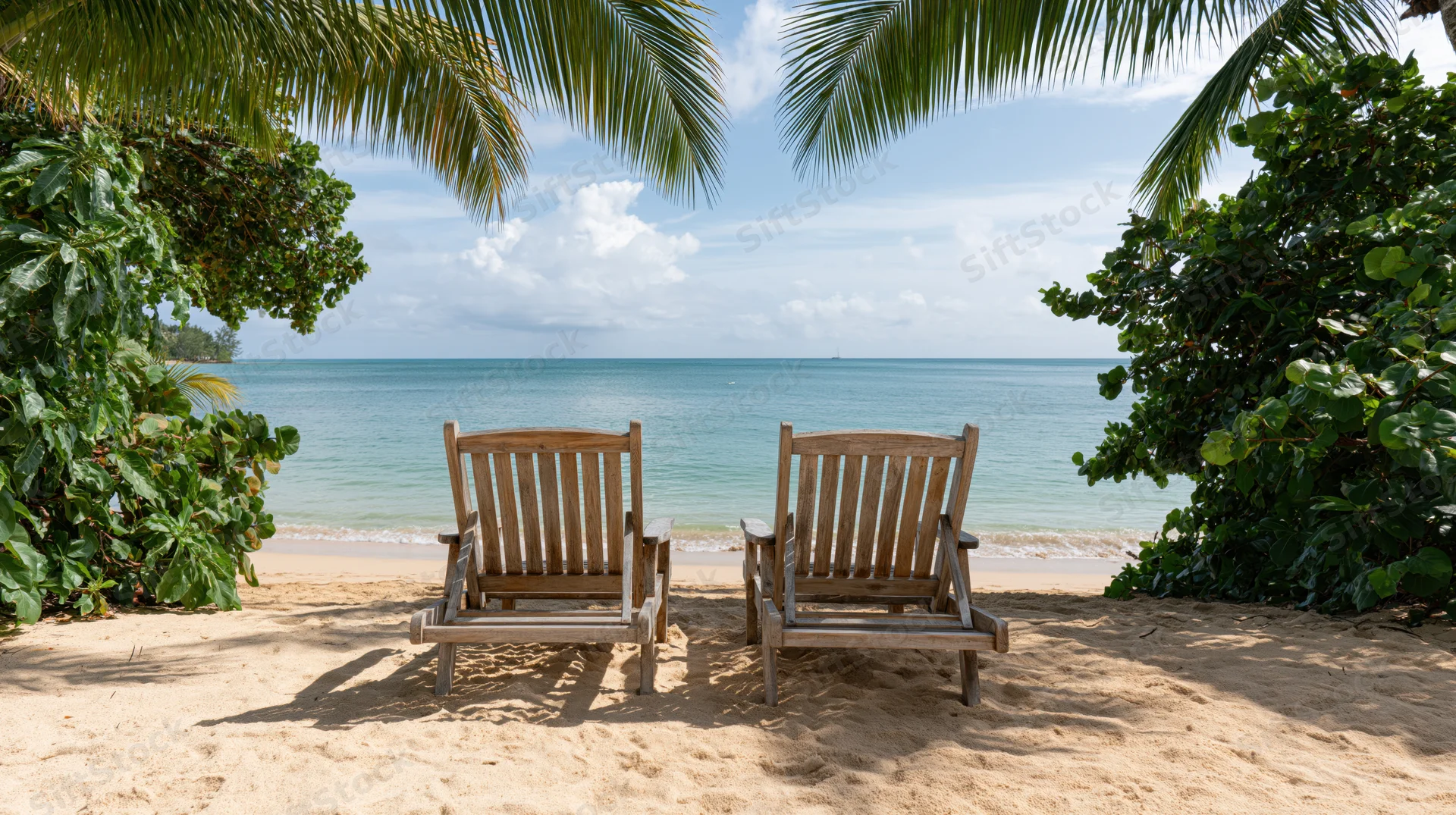 Two empty wooden deck chairs side by side on a sandy beach facing the ocean under palm trees