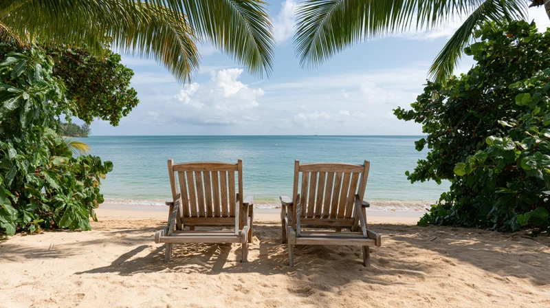 Two empty wooden deck chairs side by side on a sandy beach facing the ocean under palm trees