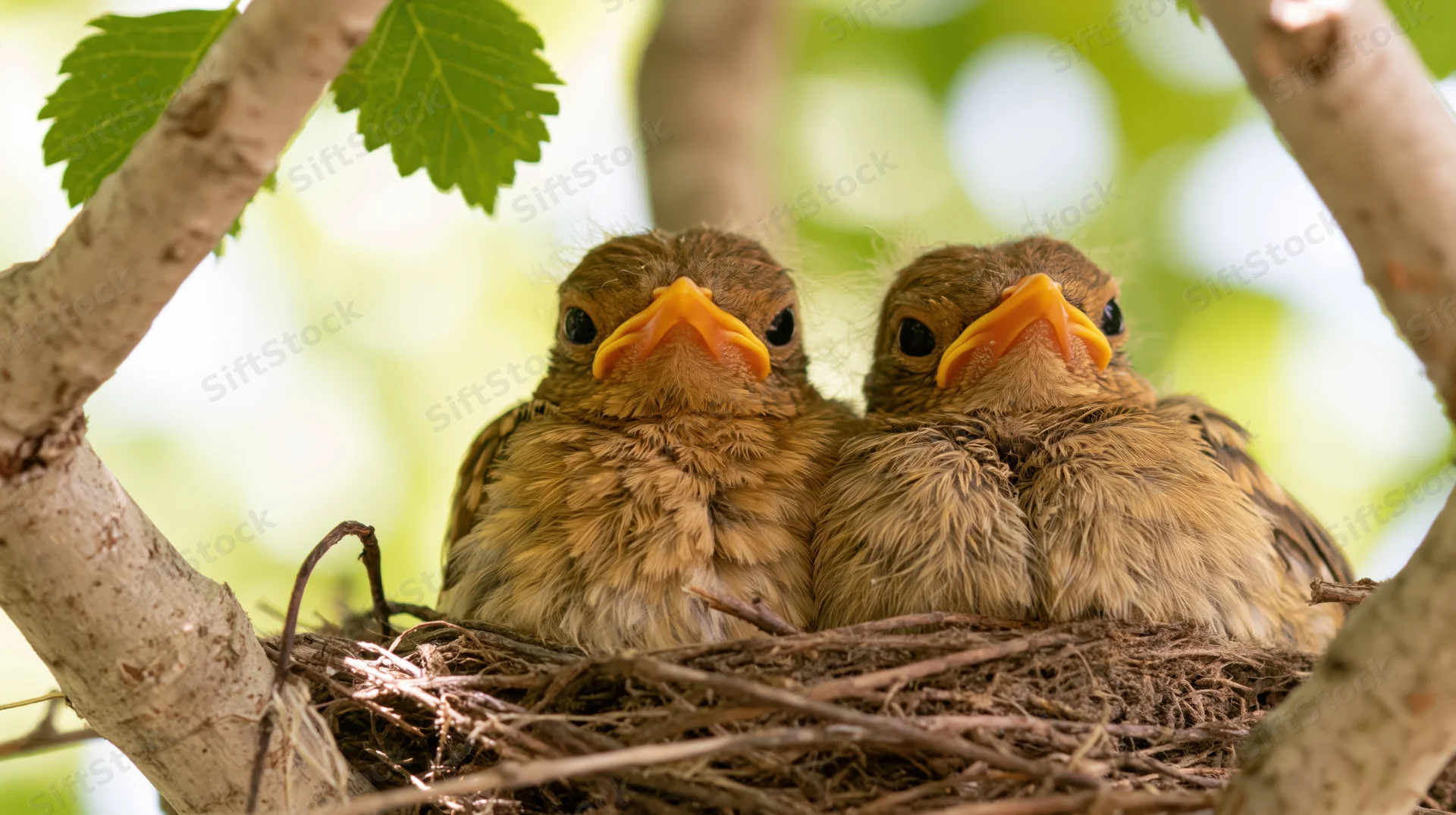 Two robin chicks nestled together in a twig nest among tree branches